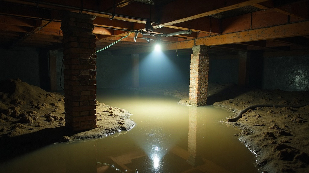 Flooded crawl space with brick piers under a raised Charleston Lowcountry house