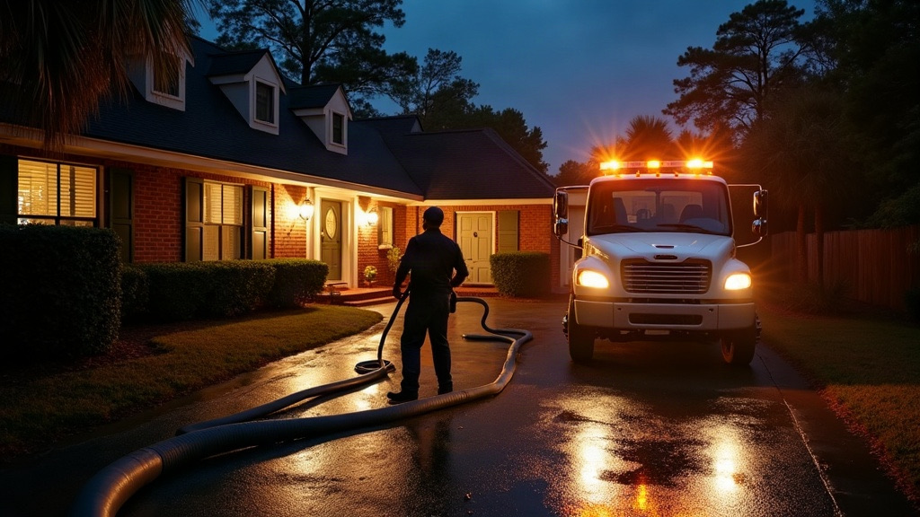 Emergency water extraction crew working at night at a Charleston home