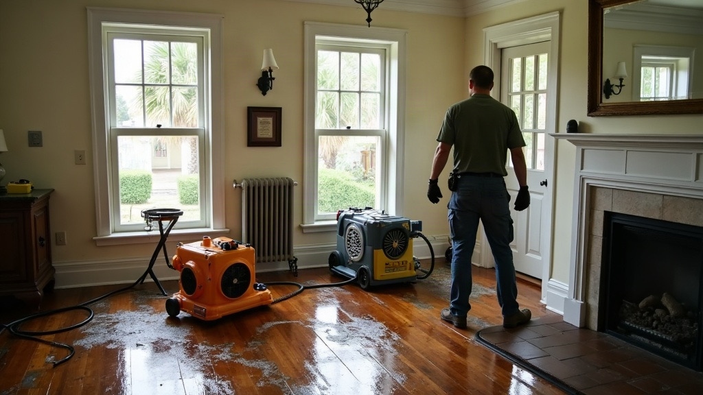 Restoration technician drying a flooded living room with air movers and a dehumidifier in a Charleston, SC home