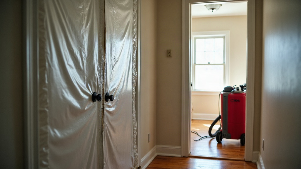 Mold remediation containment — poly sheeting and a HEPA air scrubber — inside a Charleston, SC home