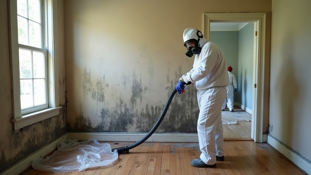 Mold remediation technician treating a contaminated wall in a Charleston home