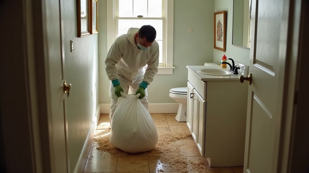 Sewage backup cleanup in a Charleston bathroom by a crew in protective suits